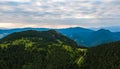 Aerial view to Mala Fatra mountains in Slovakia. Sunrise above mountain peaks and hills in far. Beautiful nature, vibrant colors. Royalty Free Stock Photo