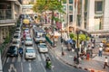 aerial view to mopeds, cars and a bus in the streets of Bangkok in the typical traffic jam