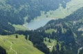 aerial view to the mountain lake Seealpsee at the alpstein massif Royalty Free Stock Photo