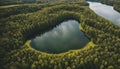 Aerial view to the natural heart-shaped forest lake on Parika nature reserve, Viljandi,