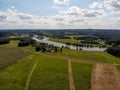 Aerial view to Neris river close to old Baltic Kernave town in Lithuania