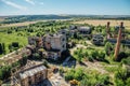 Aerial view to old abandoned industrial buildings. Abandoned cement and reinforced concrete factory Royalty Free Stock Photo