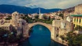 Aerial View to the Old Bridge in the heart of the Old City of Mostar Royalty Free Stock Photo