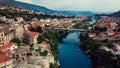 Aerial View to the Old Bridge in the heart of the Old City of Mostar Royalty Free Stock Photo