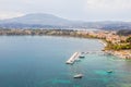 Aerial view to old city pier with yachts and boats Royalty Free Stock Photo