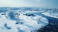 Aerial view to old wind mill in winter. Relative of windmill eco-friendly energy production