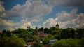 Aerial view to Osyotr river and Zaraysk Kremlin wall with bastion and tower, Moscow region, Russia