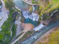 Aerial view to Pliva Waterfall in Jajce, Bosnia and Herzegovina.