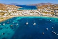 Aerial view to the popuar bay of Ornos, Mykonos, Greece Royalty Free Stock Photo