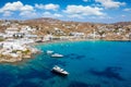 Aerial view to the Platis Gialos beach on the island of Mykonos Royalty Free Stock Photo