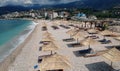 Aerial view to Potami Beach in town of Himara in Albania. Scenic view to turquoise water of Ionian Sea Royalty Free Stock Photo