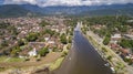 Aerial view to river Pereque-Acu in historic town Paraty with green mountains covered with white clouds in background, Unesco Royalty Free Stock Photo