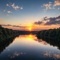 Aerial view to sunset on the river at summer evening with clouds and willow trees. Water reflection of a