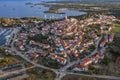 Aerial view to the town of Vrsar Orsera on Istrian coast of Croatia at sunrise Royalty Free Stock Photo