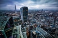 Aerial view to the urban skyline of London on a cloudy winter afternoon, UK