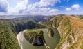 Aerial view to viewpoint Vidikovac Molitva, with curved meanders in canyon of Uvac river, Serbia Royalty Free Stock Photo