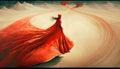 Aerial view to woman in billowing red dress in desert sand rear view, beautiful desert scape Royalty Free Stock Photo