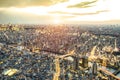 Aerial view of Tokyo skyline from above at sunset and blue hour - Japanese world famous capital with spectacular nightscape