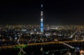 Aerial view of Tokyo Skytree, Sumida river, and Japanese landscape in Tokyo city at night. Japan tourism, cityscape landmark Royalty Free Stock Photo