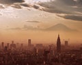 Aerial view of Tokyo at sunset, with the silhouette of Mount Fuji Royalty Free Stock Photo