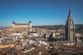 Aerial view of Toledo city with Cathedral Tower and Alcazar - Toledo, Castila La Macha, Spain