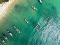 Aerial view top down longtail fishing boats at the sea in Phuket Thailand Royalty Free Stock Photo