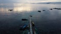 Aerial view of top down picture of colorful wooden boats. Boats at the pier. Lampung, Indonesia Jan 20, 2021