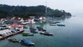 Aerial view of top down picture of colorful wooden boats. Boats at the pier. Lampung, Indonesia Jan 20, 2021