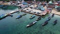 Aerial view of top down picture of colorful wooden boats. Boats at the pier. Lampung, Indonesia Jan 20, 2021