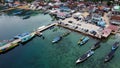 Aerial view of top down picture of colorful wooden boats. Boats at the pier. Lampung, Indonesia Jan 20, 2021