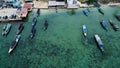 Aerial view of top down picture of colorful wooden boats. Boats at the pier. Lampung, Indonesia Jan 20, 2021