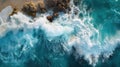 Aerial view Top down seashore. Waves crashing on rock cliff. Generative AI