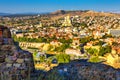 Aerial view from the top on the houses of Old Town of Tbilisi, Kura river and Sameba Cathedral Holy Trinity Georgia