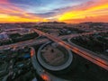 Aerial view and top view of traffic on city streets in Bangkok , Thailand. Expressway with car lots. Beautiful roundabout road in Royalty Free Stock Photo