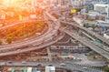 Aerial view and top view of traffic on city streets in Bangkok , Thailand. Expressway with car lots. Beautiful roundabout road in