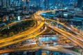 Aerial view and top view of traffic on city streets in Bangkok , Thailand. Expressway with car lots. Beautiful roundabout road in