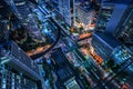 Aerial view and top view of traffic on city streets in Bangkok , Thailand. Expressway with car lots. Beautiful roundabout road in