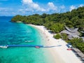 Aerial view or top view of tropical island beach with clear water at Banana beach, Coral Island, Koh Hey, Phuket