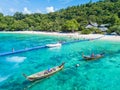 Aerial view or top view of tropical island beach with clear water at Banana beach, Coral Island, Koh Hey, Phuket