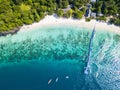 Aerial view or top view of tropical island beach with clear water at Banana beach, Coral Island, Koh Hey, Phuket