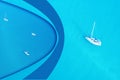 Yacht On Turquoise Ocean With Paper Curl To Vessels On Blue Sea