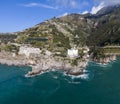 Aerial view of Torre Normanna, a medieval tower along the coast near Amalfi, Amalfi coast, Salerno, Maiori, Italy