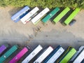 Aerial view of tourist buses on parking