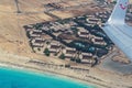 Aerial view of of the tourist resorts Riu Palace and Riu Funana from TUI airplane. Island Sal, Cape Verde