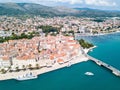 Aerial view of touristic old Trogir, historic town on a small island and harbour on the Adriatic coast in Split-Dalmatia, Croatia. Royalty Free Stock Photo