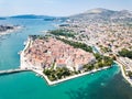 Aerial view of touristic old Trogir, historic town on a small island and harbour on the Adriatic coast in Split-Dalmatia, Croatia. Royalty Free Stock Photo