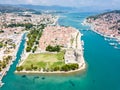 Aerial view of touristic old Trogir, historic town on a small island and harbour on the Adriatic coast in Split-Dalmatia, Croatia. Royalty Free Stock Photo