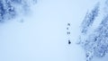 Aerial view of dogsledding in the arctic winter of Finnish Lapland. Royalty Free Stock Photo