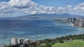 Tropical vistas from Diamond Head volcanic cone in the south of Oahu Island towards Waikiki beach, Honolulu resort, Hawaii, USA Royalty Free Stock Photo