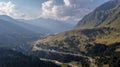 Aerial view towards the Lucomagno Pass, Lukmanier Pass, a mountain pass in the Swiss Alps in the canton of Graubunden. A